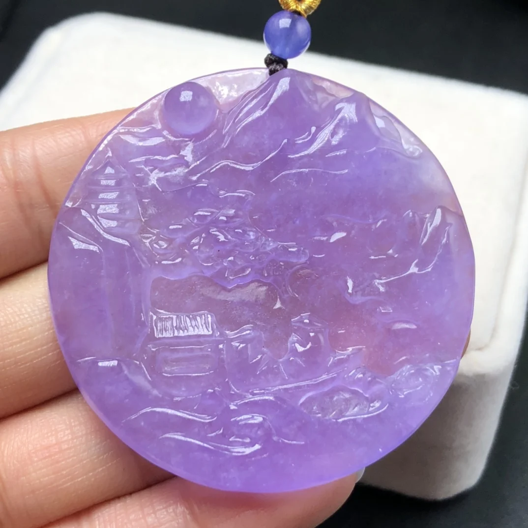 

Fengshui Stereoscopic Hand-carved Jadeite Pendant Perfect Icy Through Light Up Purple Necklace Natural Jade Neck Chain Jewelry