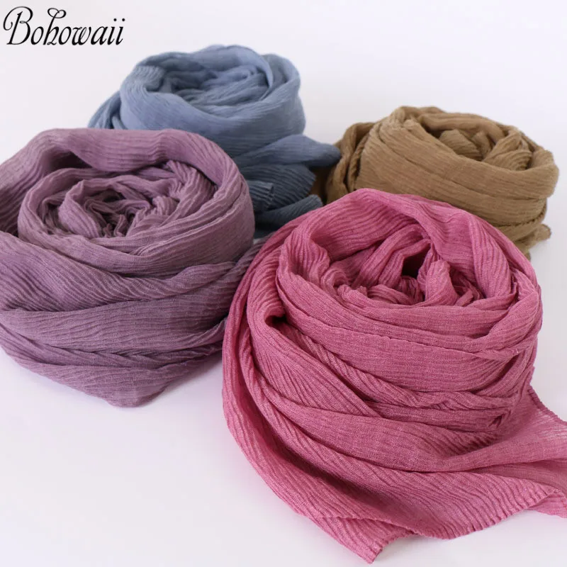 BOHOWAII Casual Crinkle Hijab Underscarf Caps Wrap Shawls Pure Color Womens Turbantes de Mujer Long Scarf Tulband Moslim