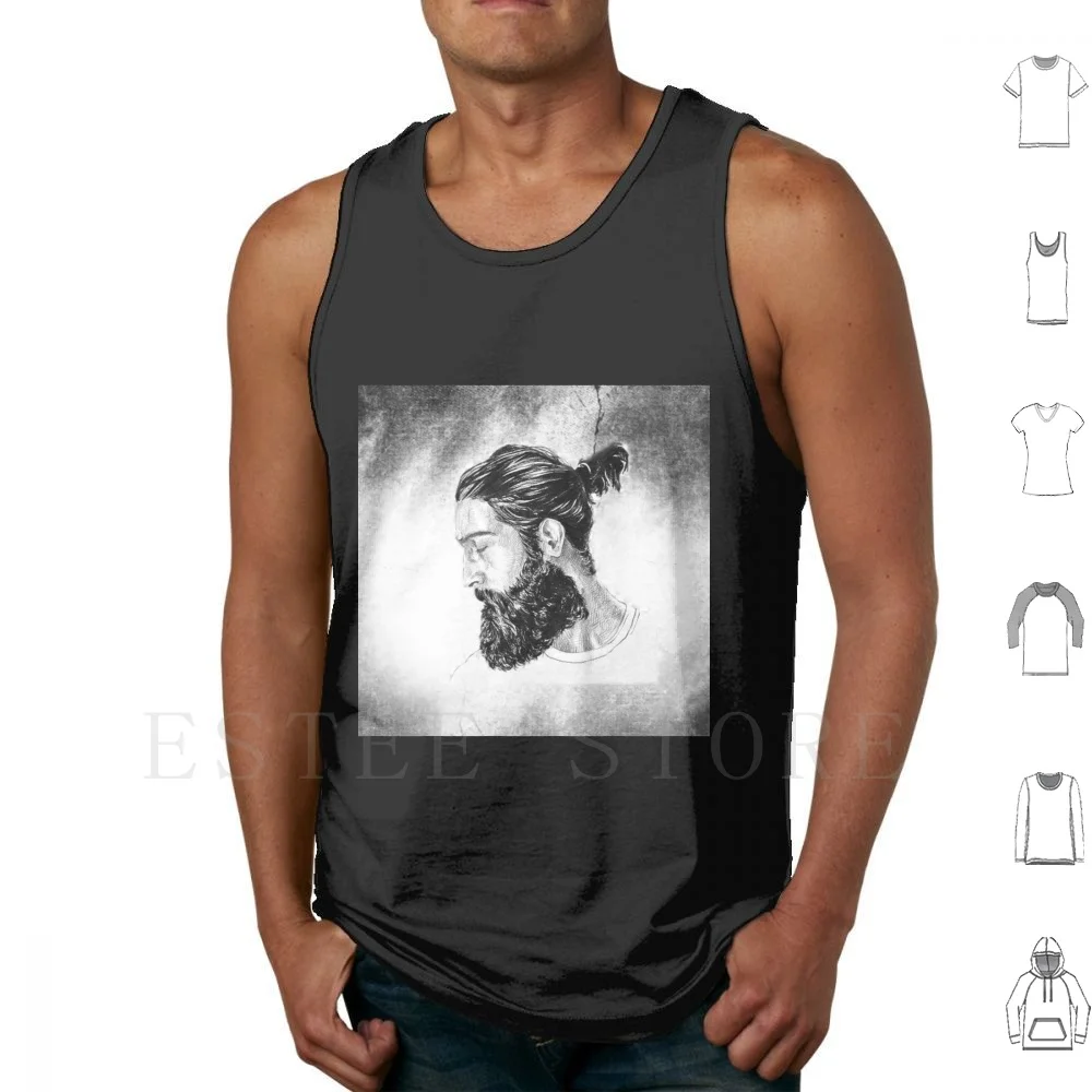 Camisetas sin mangas masculinas chaleco hombre arte hombre diseño Cool Man hombre masculino barba gris boceto pelo largo Ideas de moda