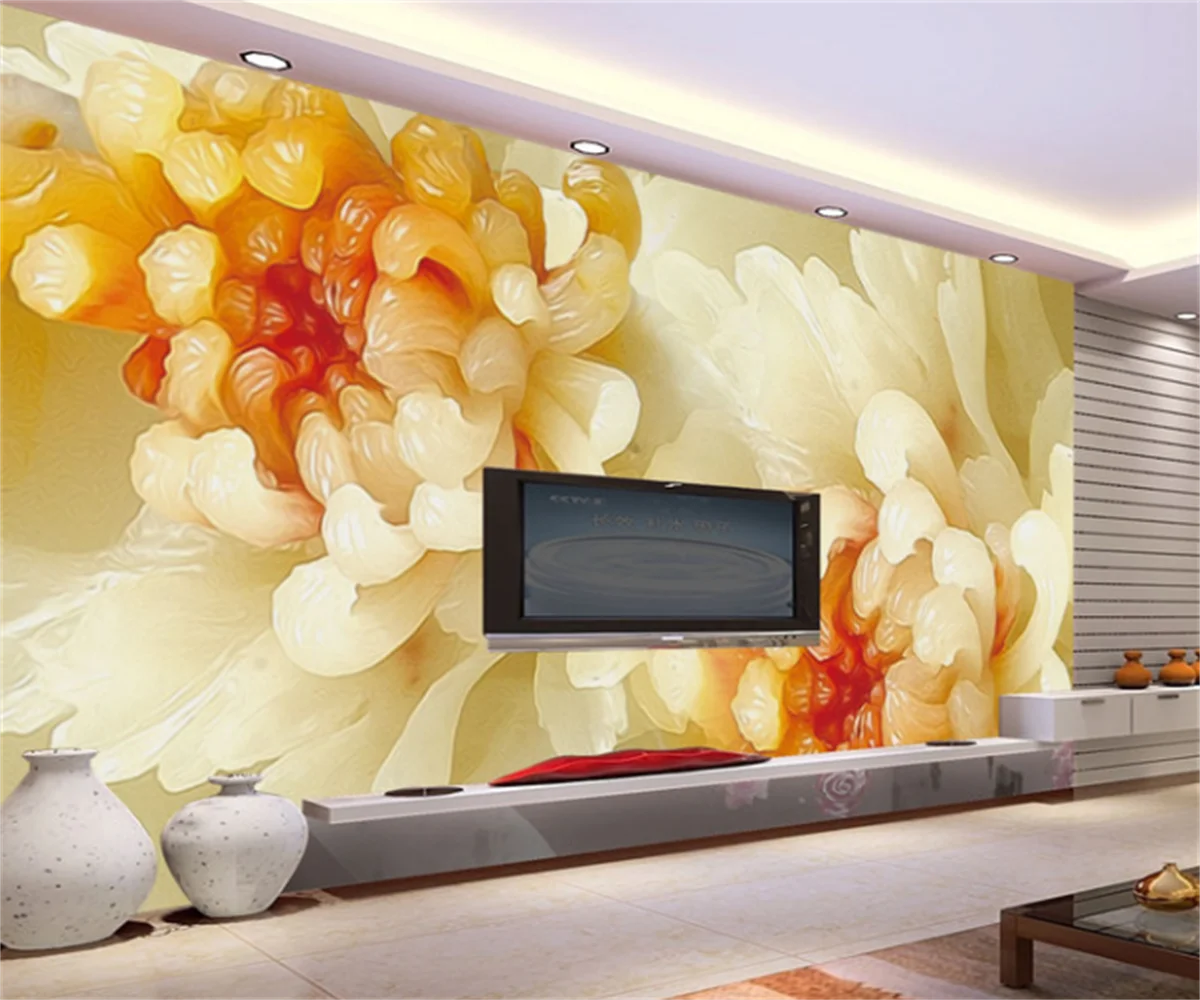 Southeast Asia 3D jade carving chrysanthemum TV background wall stickers custom 3D any size wallpaper mural photo photo papel