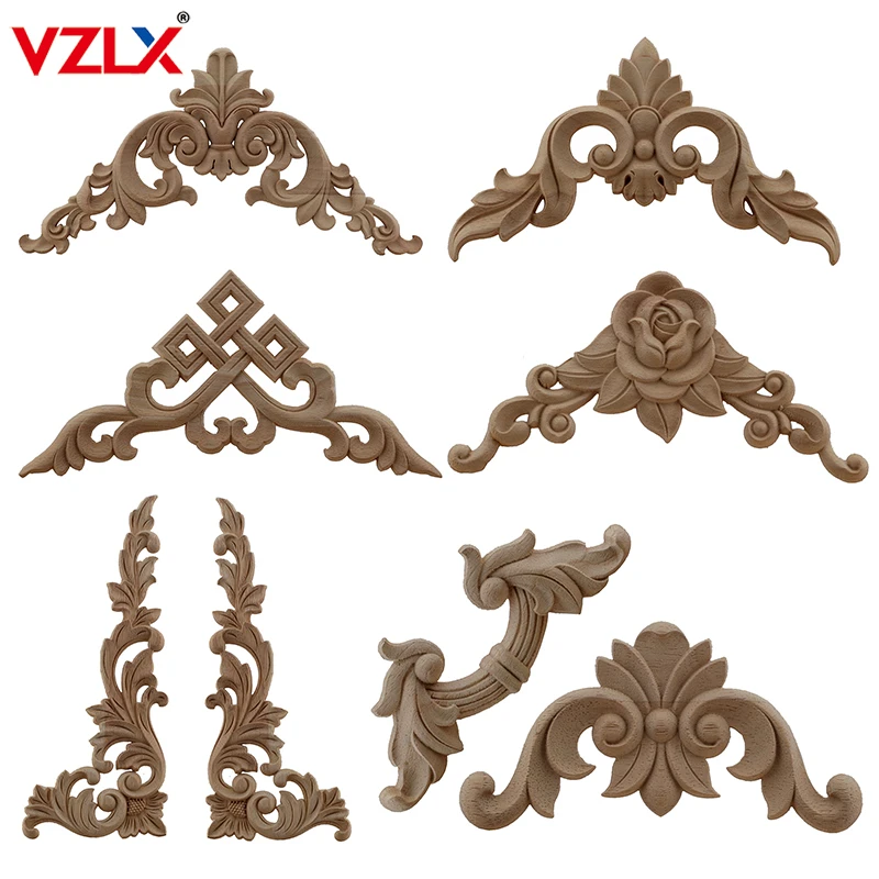 VZLX Carved Unpainted European Exquisite Long Floral Leaves Rubber Furniture Window Corner Wood Applique Onlay Wood Figurines