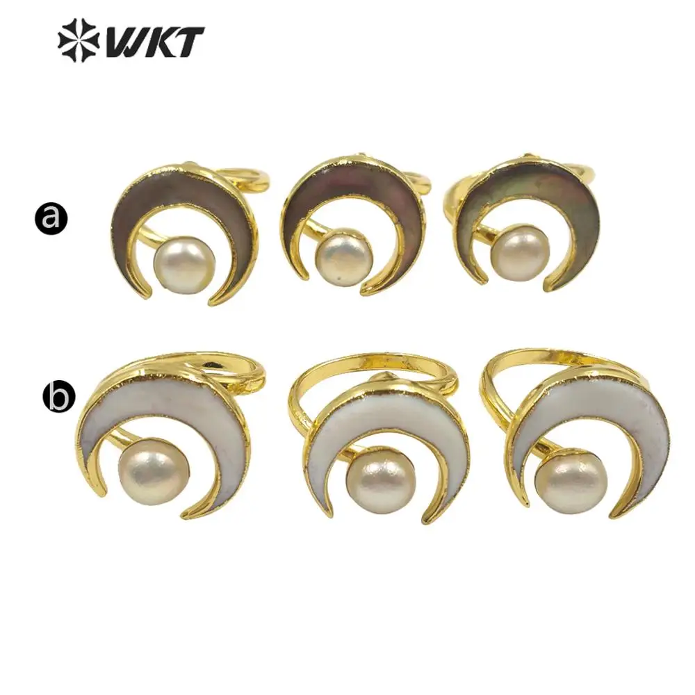 WT-R344 Unique Special Design Bohemian Crescent Shell 18k Ring In Gold Women Fashion Pearl Moon Lovely Shape