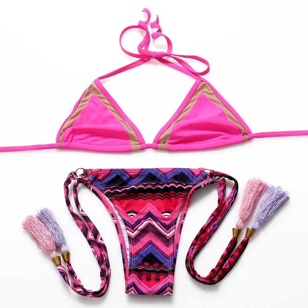 BANDEA-Bikini con estampado para mujer, traje de baño Sexy de color azul profundo hecho a mano con flecos, estilo veraniego, para playa