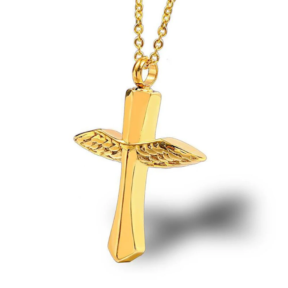 Stainless Steel Angel Cross Feather Wings Cremation Jewelry Women Ladies Human Cremation Urn Pendant Necklace Gift For Him