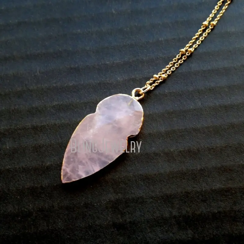 NM38572 Light Gold Color Dipped Rose Quartz Jewelry Tribal Layering Necklace  Mineral Boho Arrowhead 