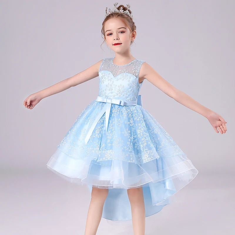 Summer Lace Embroidery Kids Dress For Girls Evening Wedding Party Tail Elegant Princess Sleeveless Children Holiday Dresses