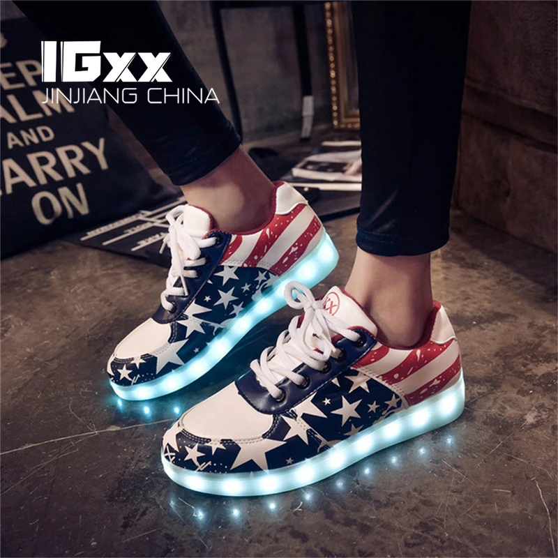 IGxx LED Light Up Shoes Light For Men USA Star LED Sneakers USB Recharging Shoes Women Glowing Luminous Flashing Shoes LED Kids