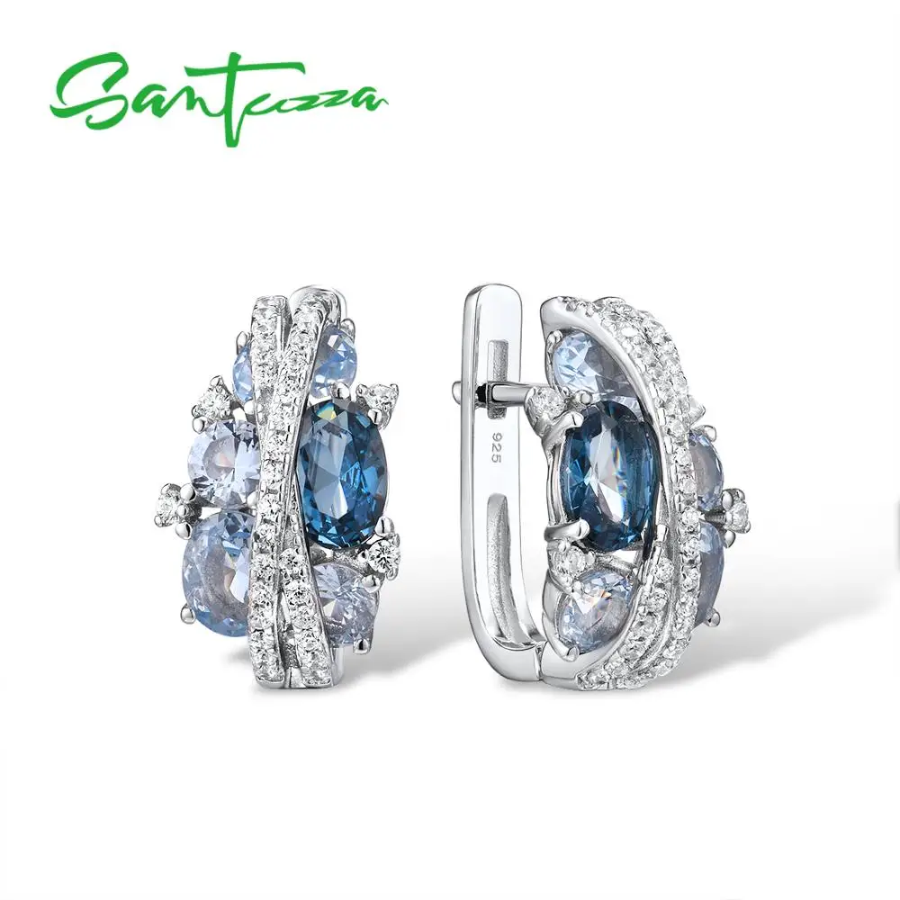 Santuzza brincos de prata para mulheres autênticos 925 prata esterlina cintilante azul zircônia cúbica glamourosa conchaьги joias finas