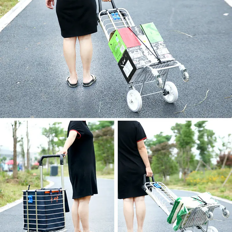 Portable Flat Land Four-Wheeled Shopping Cart, Folding Household Trolley with Cover For Groceries