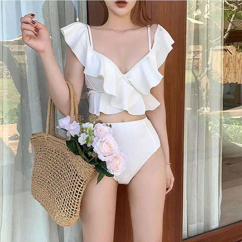 

2024 Hot High Waist Bikini Women Solid Swimwear Pink Swimsuit Ruffle Biquini Push Up Bikinis Korean Style Bathing Suit