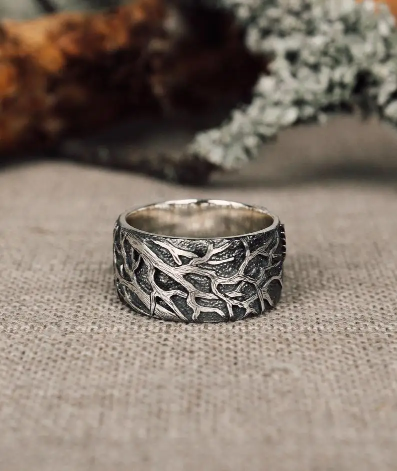 s925 sterling silver Gold Wolf Moon Rings for Men Punk Fashion Silver Color Black Night Forest Geometric Finger Rings