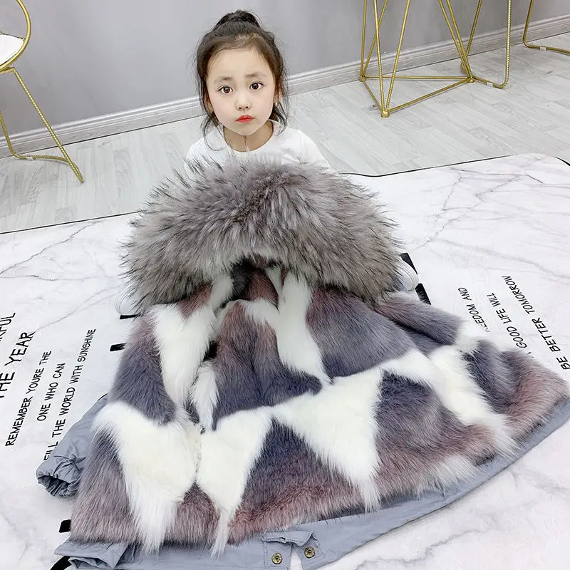 2020 Winter Kids Boys And Girls New Fashion Coat Faux Fox Fur Liner Detachable Parkas Children Girls Thicken Warm Outwear W651