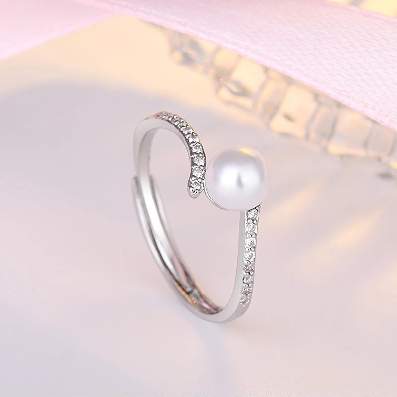 Fashion Pearl Rings 925 Silver Jewelry with Zircon Gemstones Open Finger Ring Fine Accessories for Wedding Engagement Party Gift