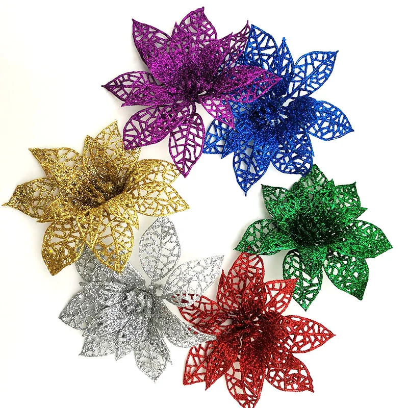 

A bag of 6 sizes 10cm handmade Christmas flowers, artificial plastic powder, New Year celebration, festive atmosphere, room deco