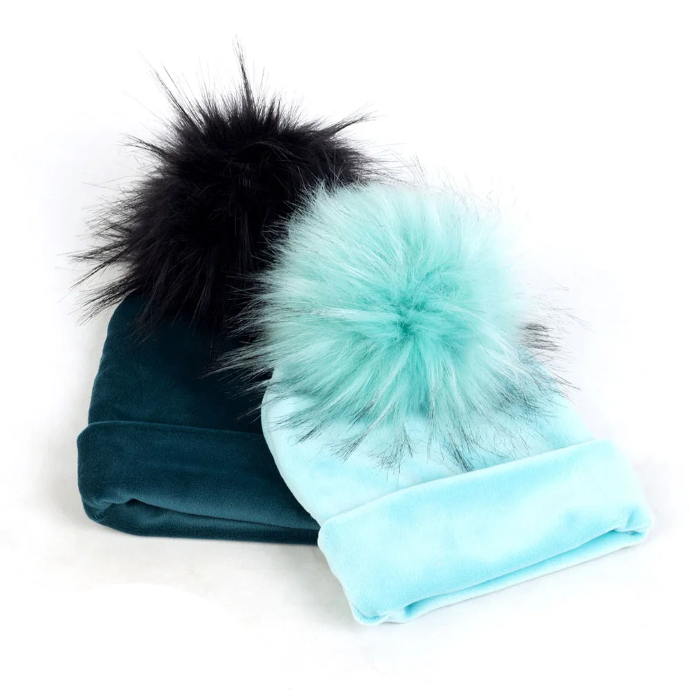 Candy Color Faux Raccoon Fur Pompom Beanies Soft Newborn Baby Hat Thick Flannel Girls Boys Warm Cap