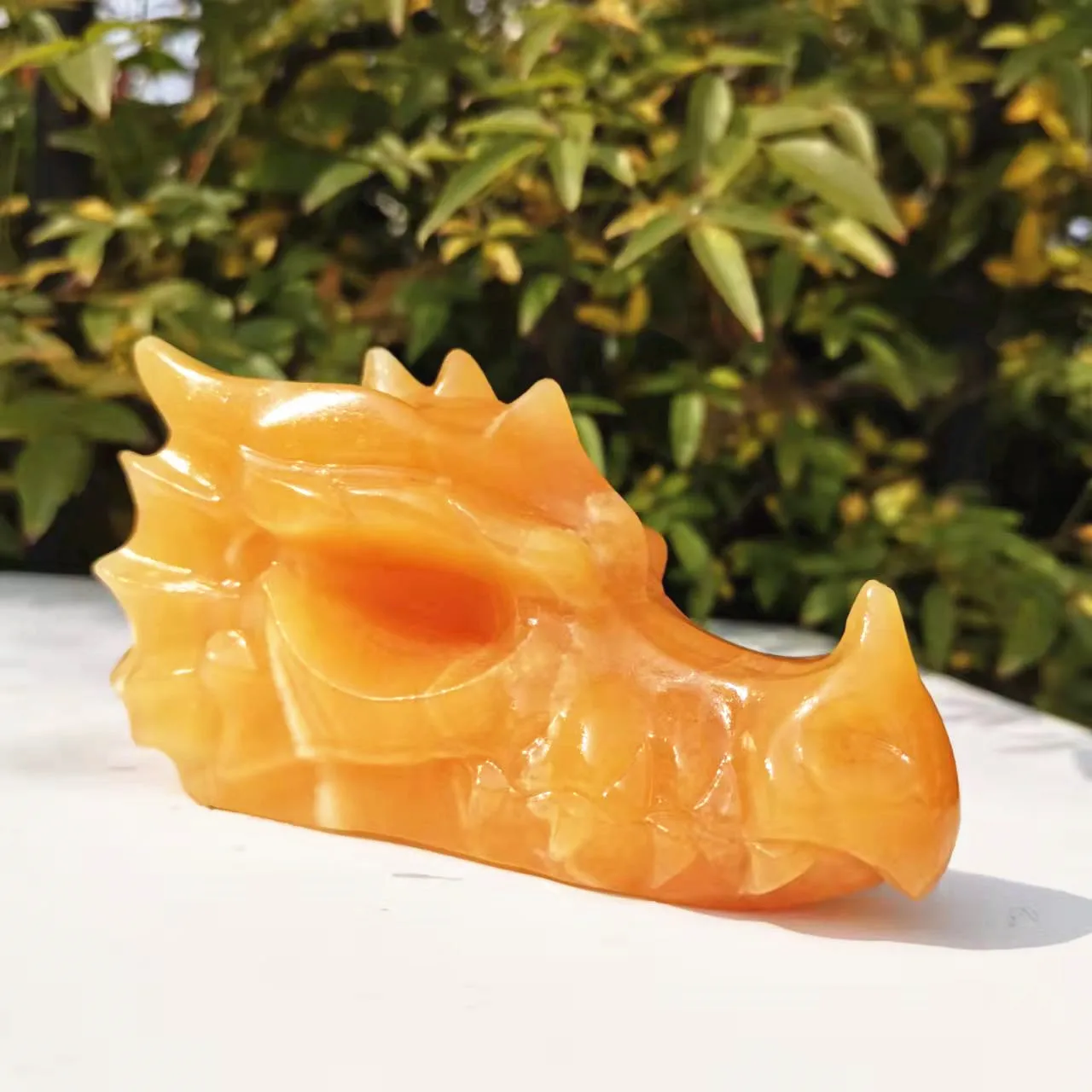 

10cm Natural Gold frozen stone Carved Dragon Head Skull Layered orange calcite Dragon Head Figurine