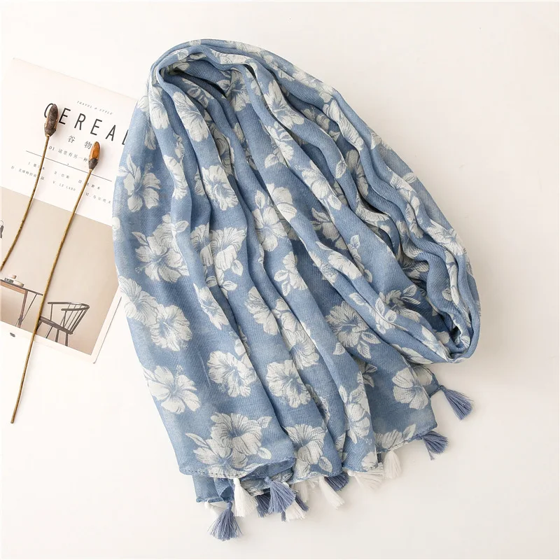 2024 Fashion Sky Blue Penoy Floral Tassel Viscose Shawl Scarf Lady Print Soft Wrap Pashmina Stole Bufandas Muslim Hijab 180*90Cm