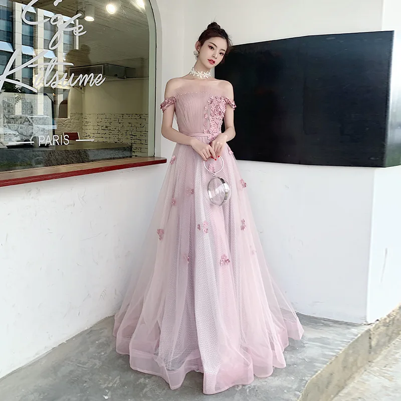 Evening Dress 2021 New Banquet Long Elegant Boat Neck Applique Party Prom Gowns Back Lacing