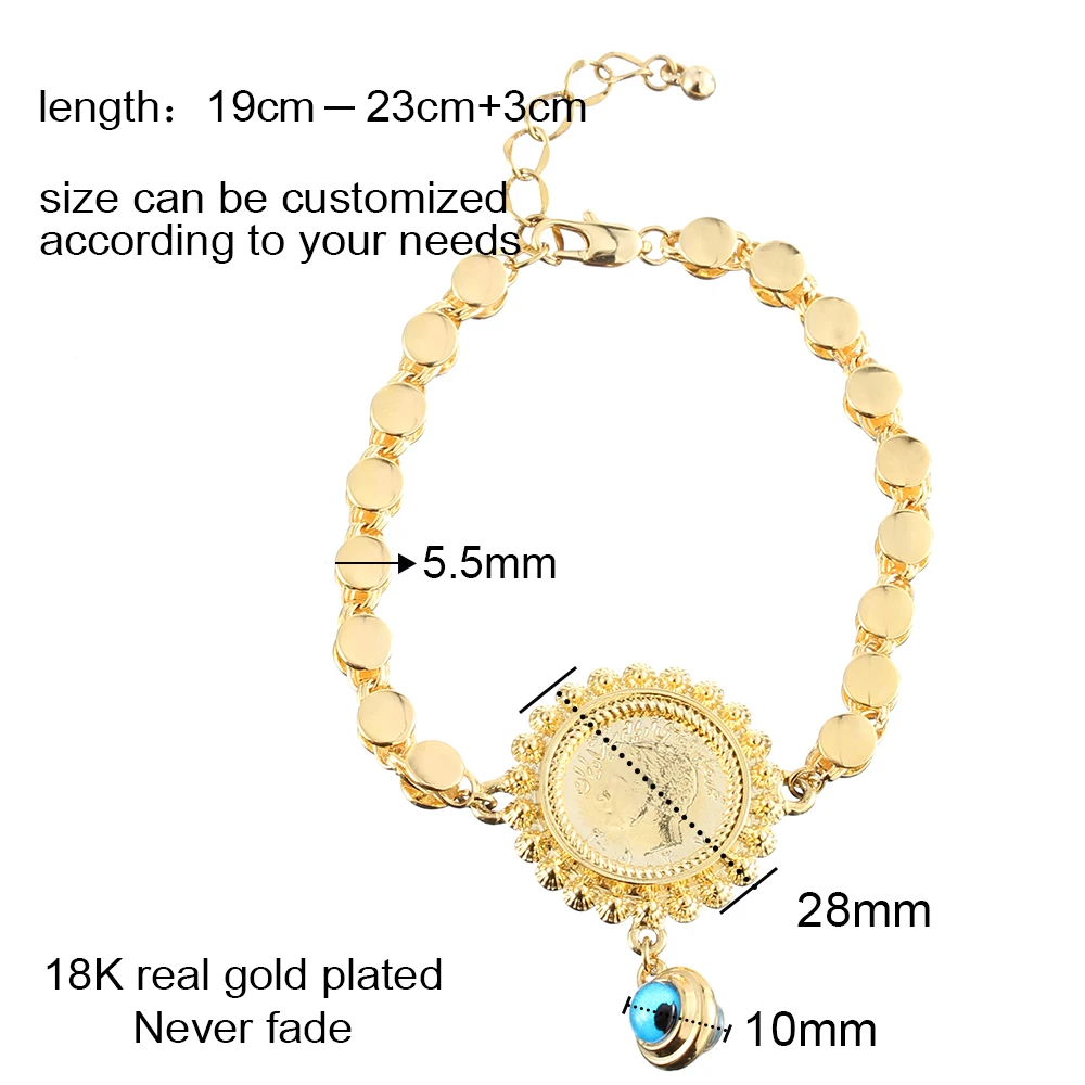 5mm Chain Adjustable Demon Eye Bracelet Pendant Round Bracelet for Women Gold Plated Vintage Coin Couple Jewelry Best Gift Girl