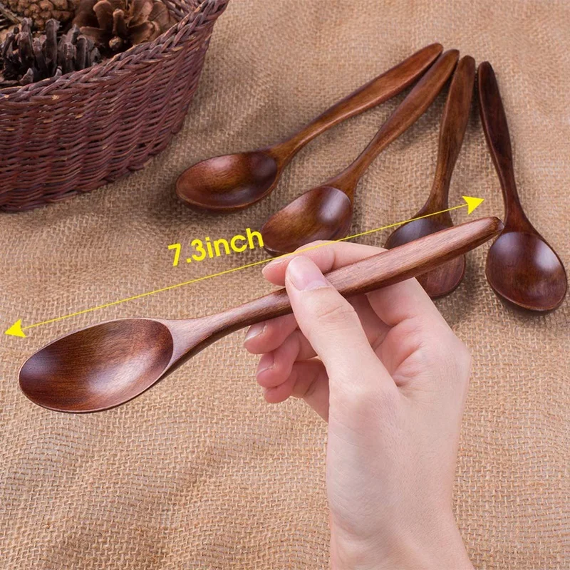 Wooden Spoons, 10 PCS Wood Soup Spoon Set, Long Handle Natural Wood Table Spoons for Eating Mixing Stirring Cooking - 7.3 Inches