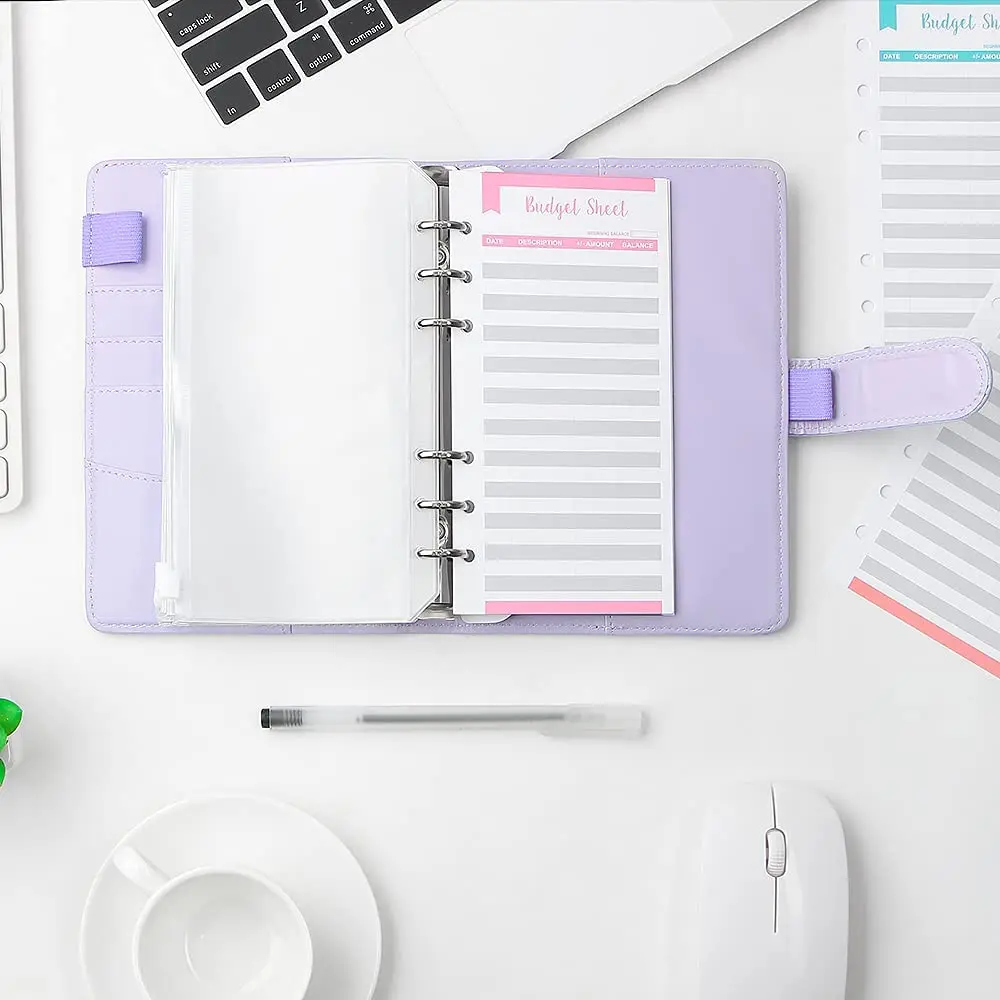 A6 PU Leather Budget Binder Cash Envelopes Planner System with Clear Zipper Pockets,Expense Budget Sheets, Letter Sticker Labels