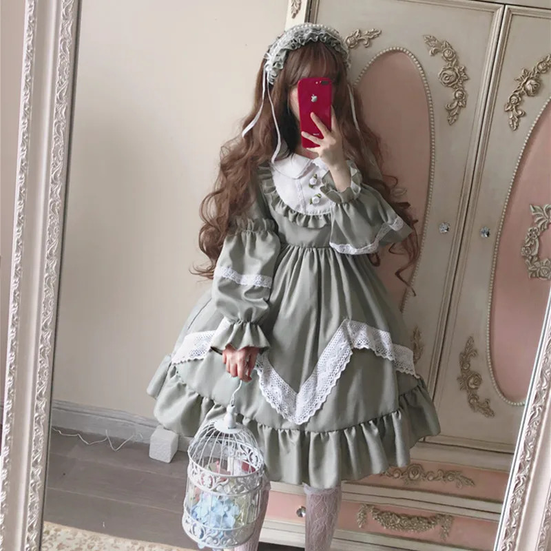 

Sweet Lolita dress vintage lace peter pan collar lantern sleeve victorian dress kawaii girl gothic lolita op loli cos