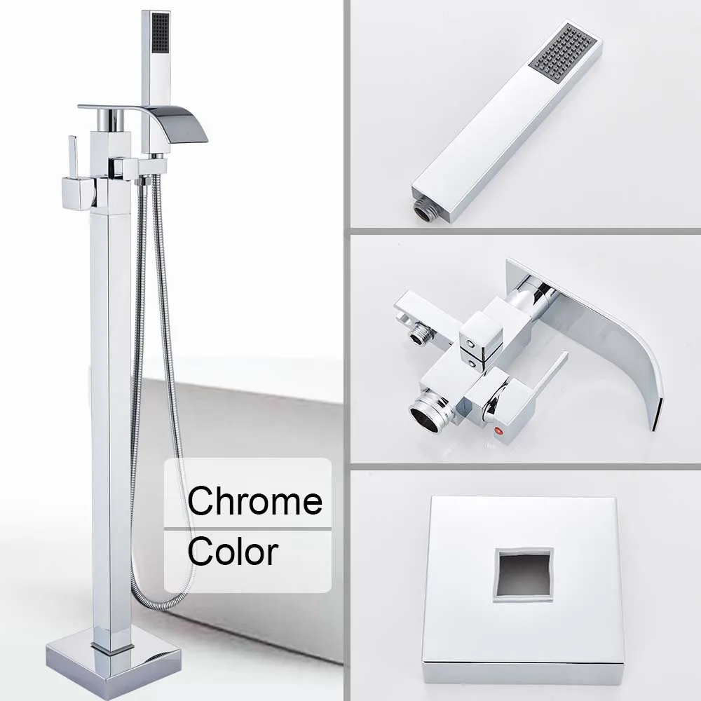 Chrome Floor Mounted Bathtub Shower Faucet Swivel Waterfall Spout free standing bathroom Crane Black Bath Shower Mixer Tap