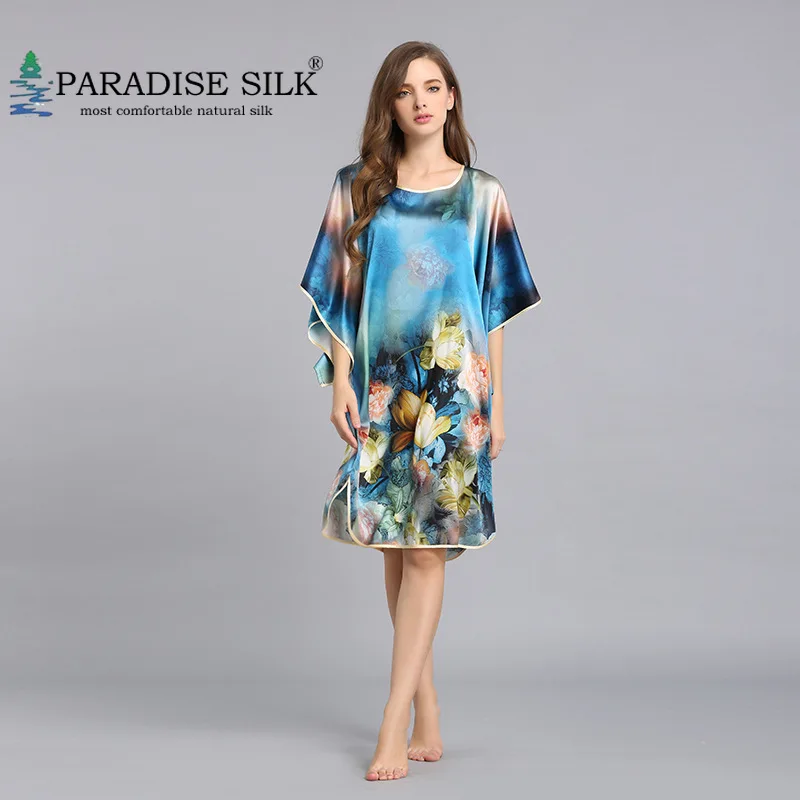 Women Nightgown Natural Silk Lounging Dress Womens Loose Oversize Bat Sleeve Long Floral Print Shirt One size