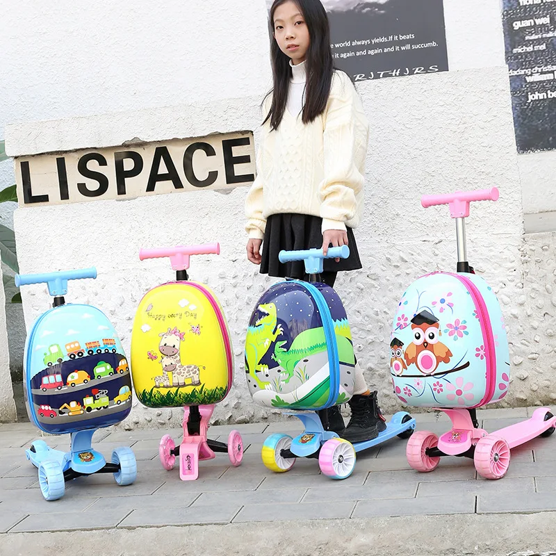 New 17 inch Kids rolling luggage,travel suitcase Glowing wheels,Cartoon scooter suitcase,carry on trolley luggage case,child bag