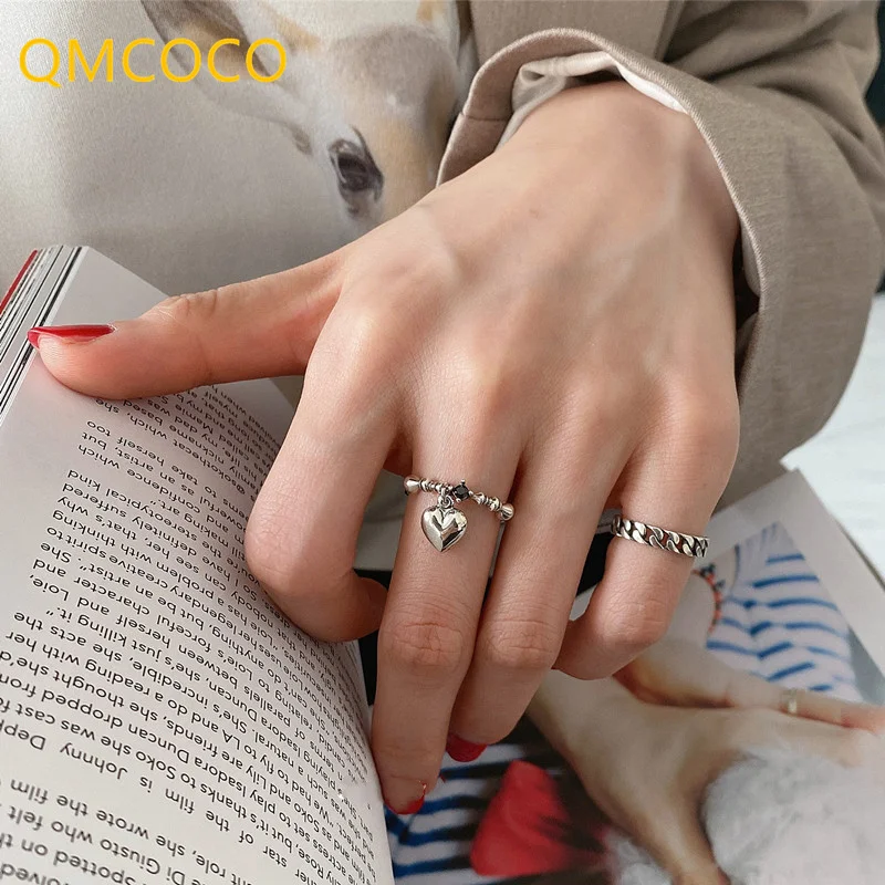 QMCOCO Simple Silver Color Rings For Women Trendy Creative Design Heart-Shape Pendant Vintage Punk Party Gifts