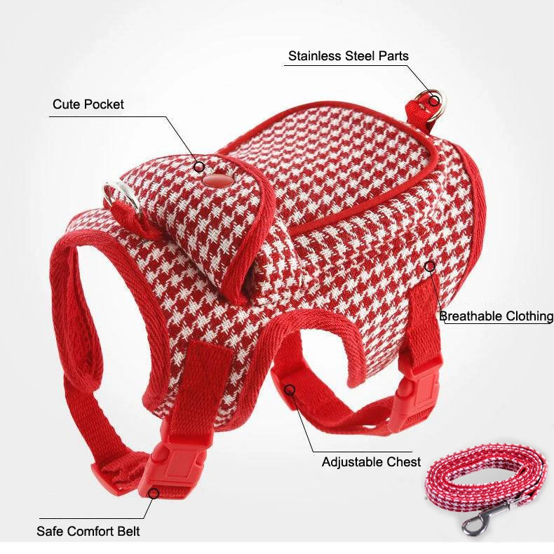 Plaid Pomeranian Harness zaino borse da scuola per cani di piccola taglia Set di guinzagli tascabili per cacca di animali domestici maltesi Spitz accessorio per collare con cinturino sul petto