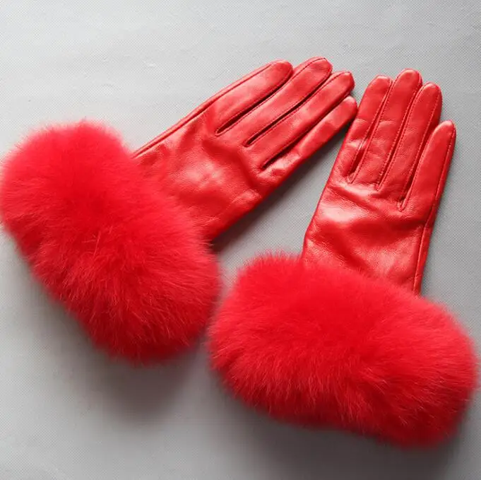 Women's natural big fox fur genuine leather glove lady's warm natural sheepskin leather plus size rose driving glove R2446