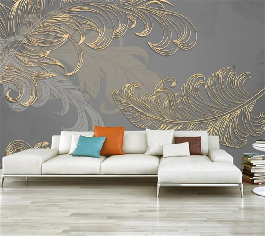 

wellyu Custom large mural hand-painted feather Nordic style golden embossed lines living room background wallpaper