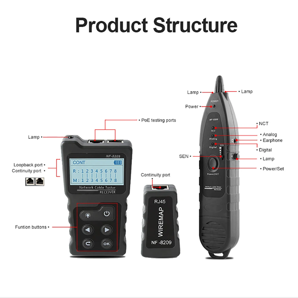 LCD Display NF-8209 Measure Length Lan Cable POE Wire Checker CAT5e Cat6 CAT6a Lan Test Network Tool Scan Cable Wiremap Tester