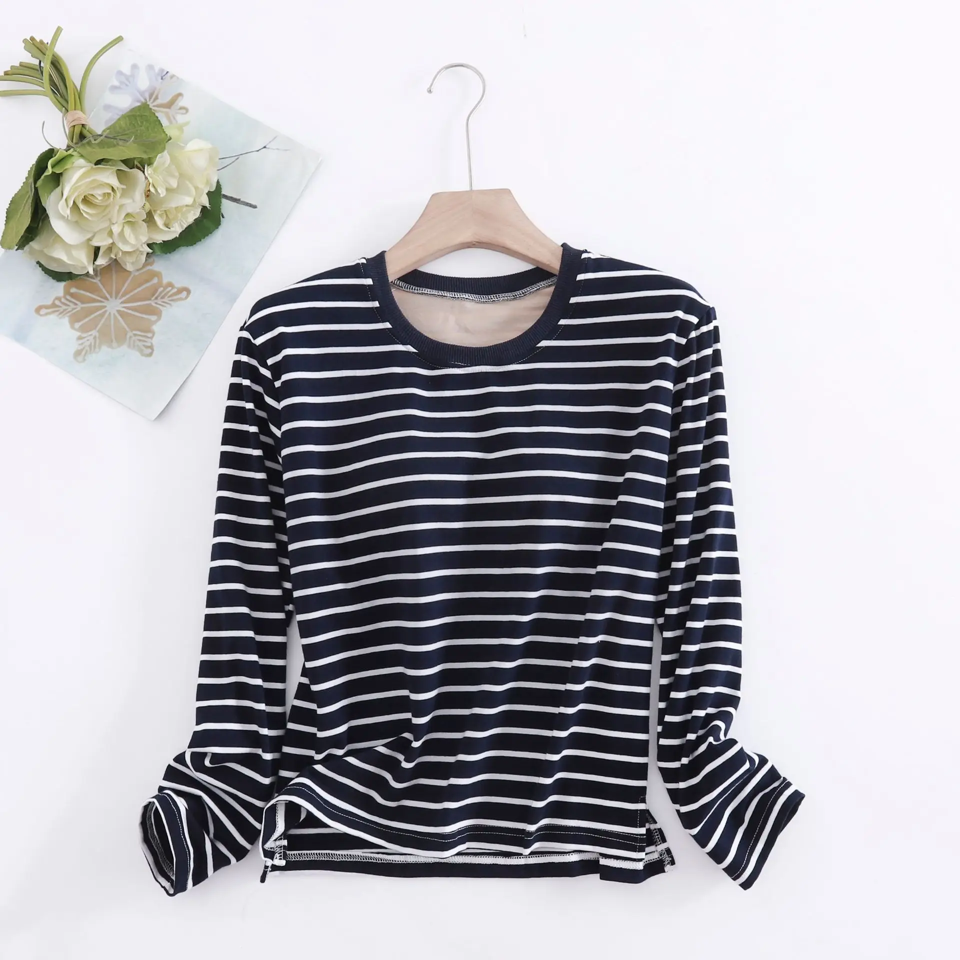 Fdfklak Sexy Chest Pad One Piece Sleep Pajamas Women Casual Striped Long Sleeve Sleepwear Tops Spring Autumn Nightwear Shirt