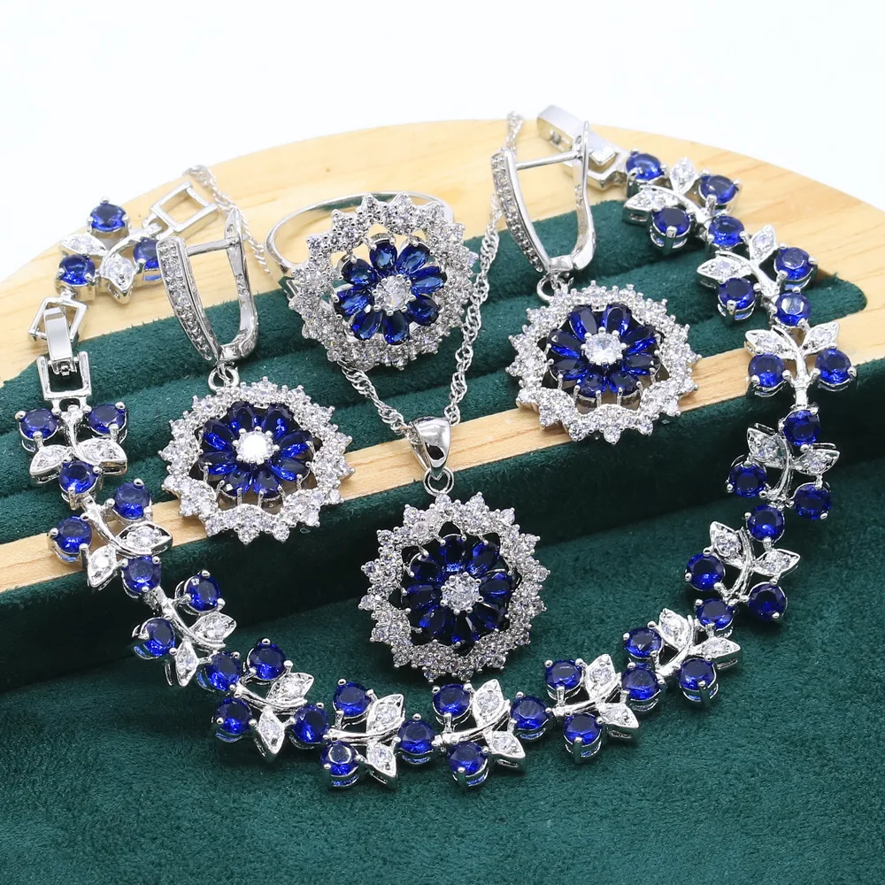 

Exquisite Royal Blue Topaz 925 Sterling Silver Jewelry Set for Women Bracelet Earrings Necklace Ring Wedding Christmas Gift