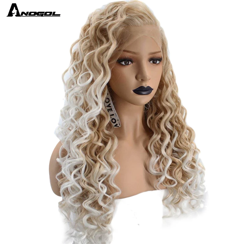 Anogol High Temperature Fiber Natural Long Kinky Curly Ombre Platinum Blonde Free Part Synthetic Lace Front Wig For Women