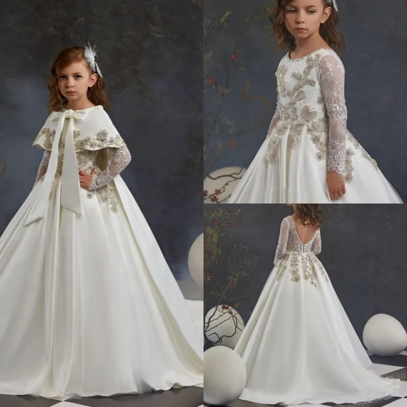 Luxe Mooie Bloemen Meisjes Jurk Met Wraps Kant Applicaties Kralen Pailletten Kids Prom Jassen Baljurk Hi-Lo Bloem meisjes Jurk