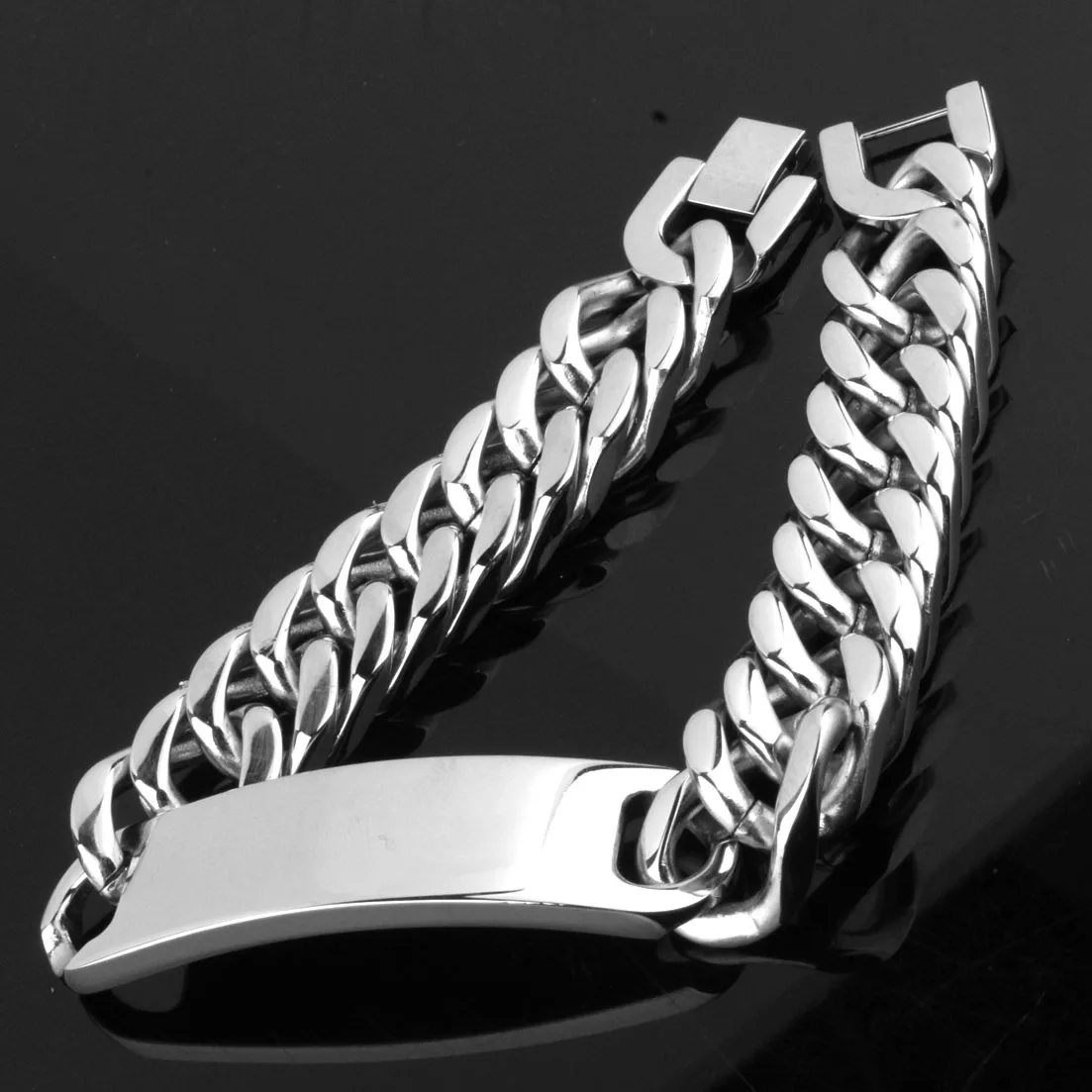 High Polished Bracelet Stainless Steel Men ID Link Bracelet Double Cuban Curb Chain Heavy Cool Men Jewelry 8-11inch