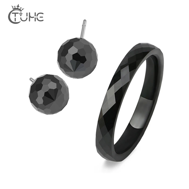 Cut Surface Ceramic Jewelry Set 3mm Black White Ceramic Ring Ball Stud Earrings For Women Never Fade & Scratch Forever Love Gift