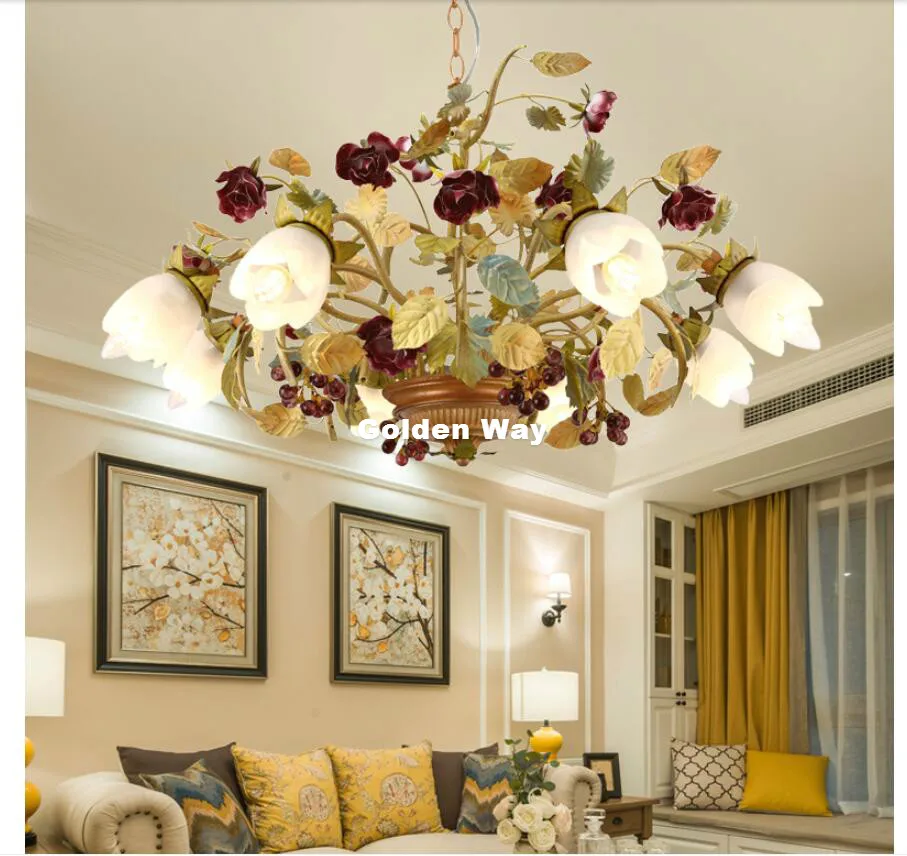 Newly Floral Design D70cm 6arm Chandelier Lighting Glass Shade Rose Lamp Living Room Hanging Lights Dining Room Home Decoration