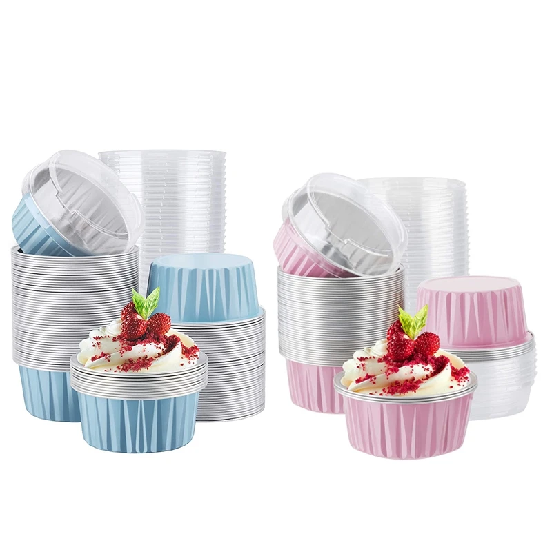 100Pcs 5Oz 125Ml Disposable Cake Baking Cups Muffin Liners Cups with Lids Aluminum Foil Cupcake Baking Cups