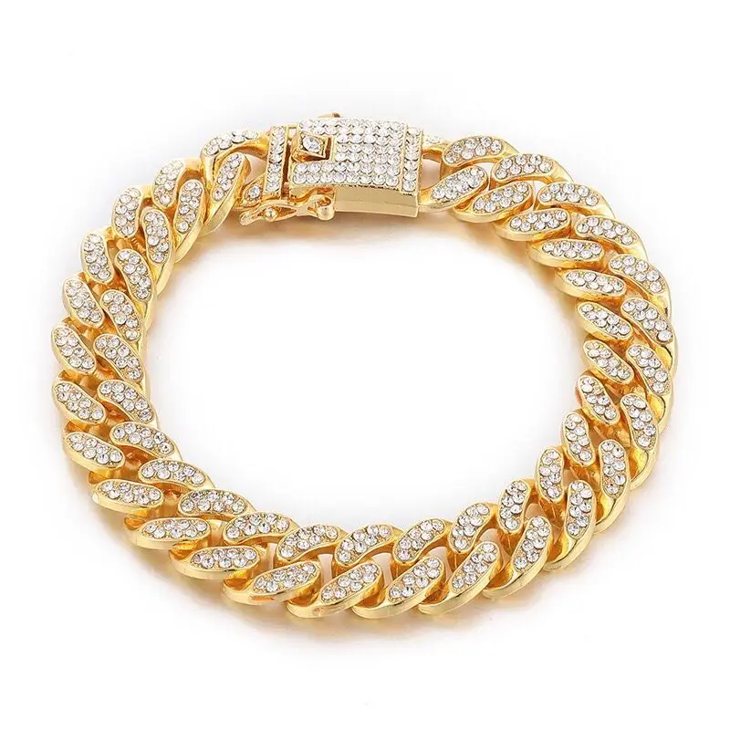 Wholesale Jewelry -- ( 20 cm * 12 mm ) Hip Hop Gold Color 12 mm Full Crystals Figaro Bracelets For Men Fashion Jewelry Hip Hop