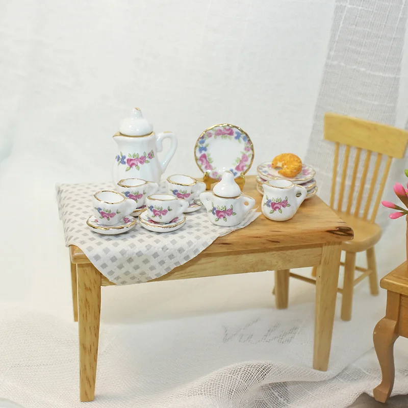 15PCS Dolls House Miniature 1:12  Mugs Cups Pot Set Furniture Toys Ceramic Coffee Tea Cups Dollhouse Kitchen Accessory Kids Gift