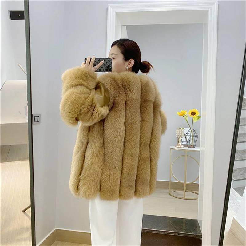 Real Fox Fur Coat for Women, Full Sleeves, Natural Fur Jacket, Female Sheepskin Coat, Plus Size, Winter