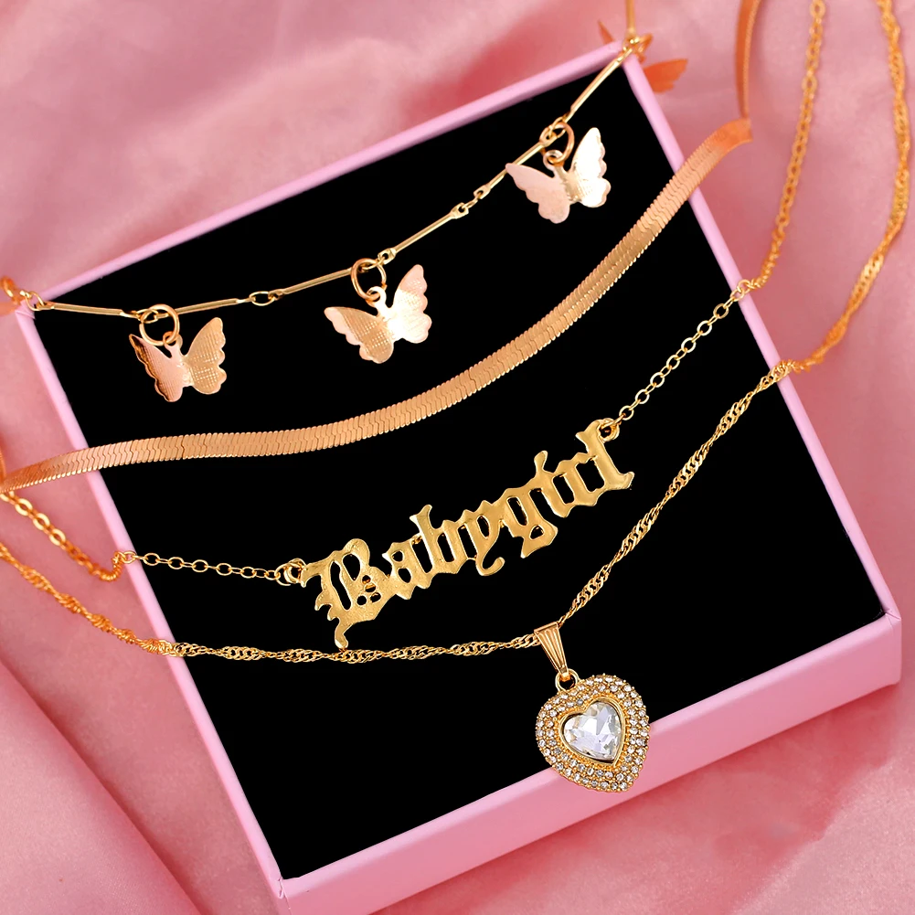 4Pcs Gold Color Multilayer Necklace Jewelry Butterfly Letter Crystal Heart Pendants Choker Chain Trendy Boho New Necklace Gifts