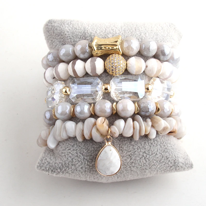 RH Fashion Jewelry Beautiful Beaded Bracelet Set Natural Stone Cubic Zircon Ball Crystal Pave Wristband bangles