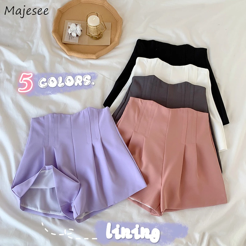 

Shorts Women A-line Summer Short-skirt Office Lady Pleated Casual Holiday High Waist Loose Fashion Purple Lining Stylish Ulzzang