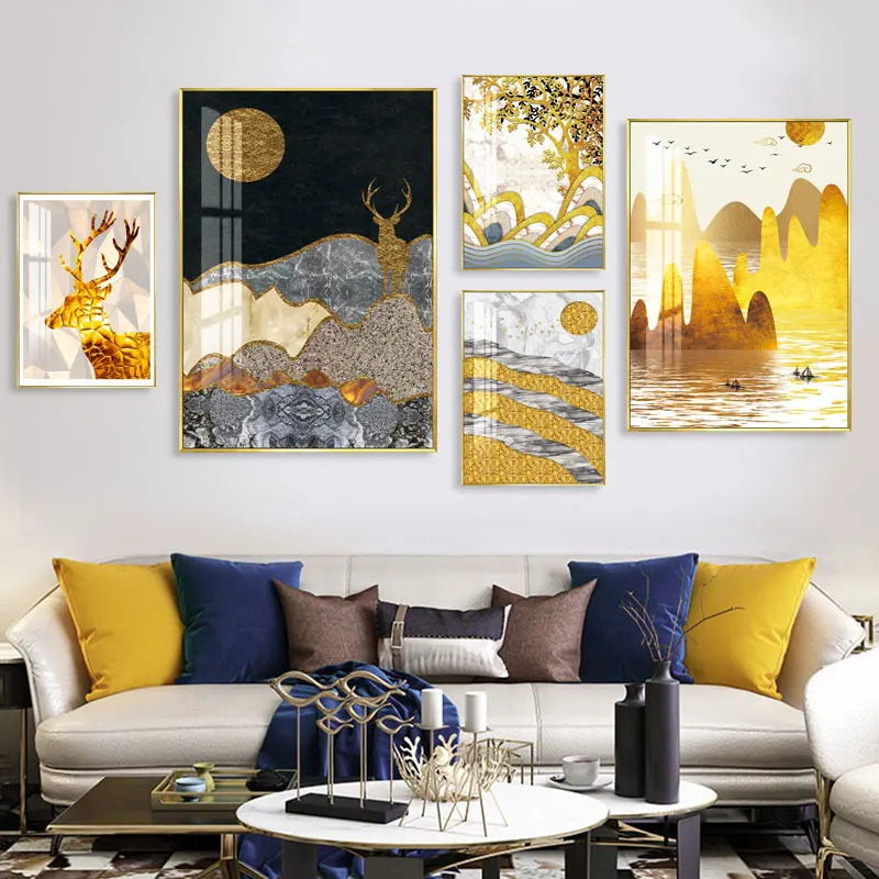 

Abstract Golden Sun Canvas Painting Flowing Big Paint Posters Prints Fashion Tableaux Living Room Nordic Wall Art Decor