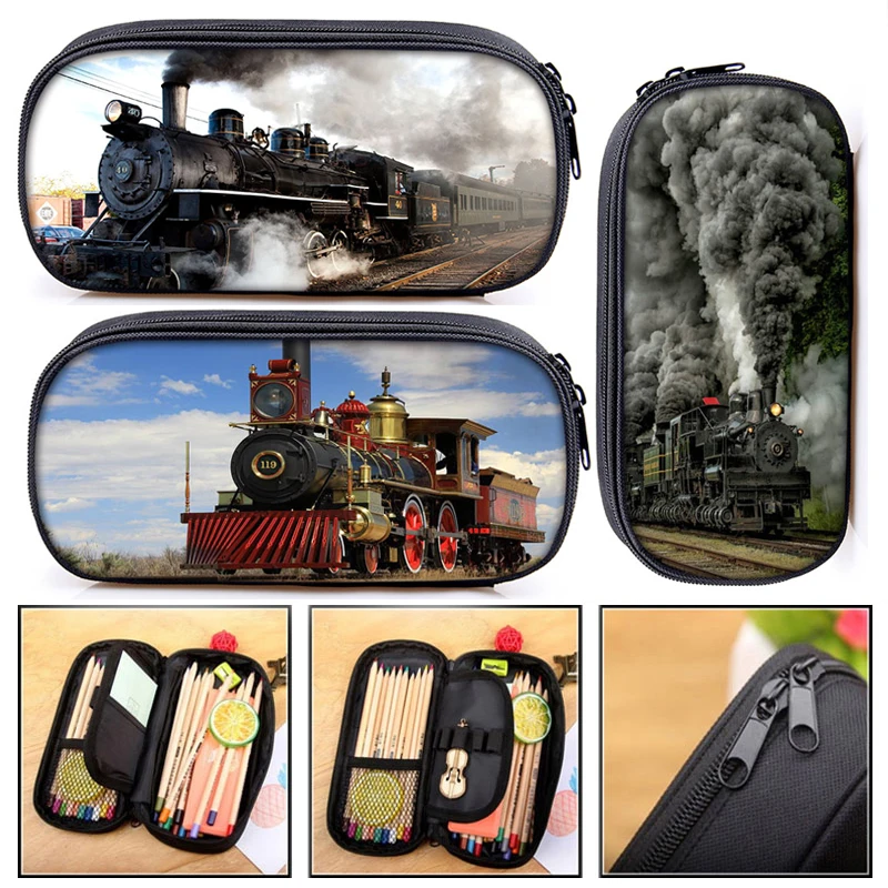 Locomotive / Steam Train Cosmetic Cases Pencil Bag Boy Girl School Case Kids Pencil Box Children Stationary Bag